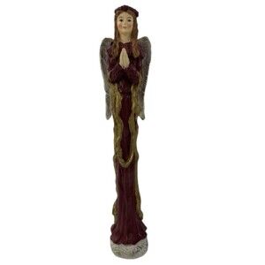 Vintage Angel Stoneware Burgundy Gold Praying Wings Tall Slim Christmas Decor